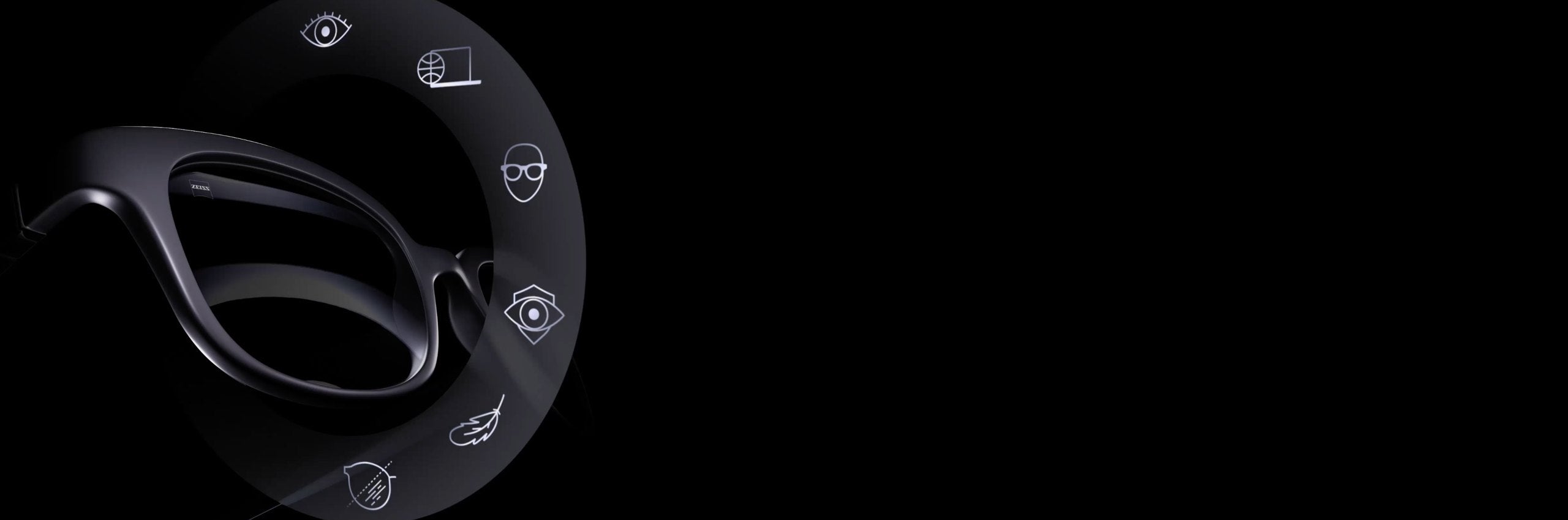Black eyeglass frames on a black background, circled by a ring of lens feature icons.